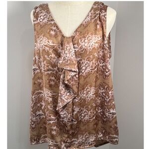 Loft XL Abstract Ruffle Front V-Neck Sleeveless Blouse Earthy Office Work Career